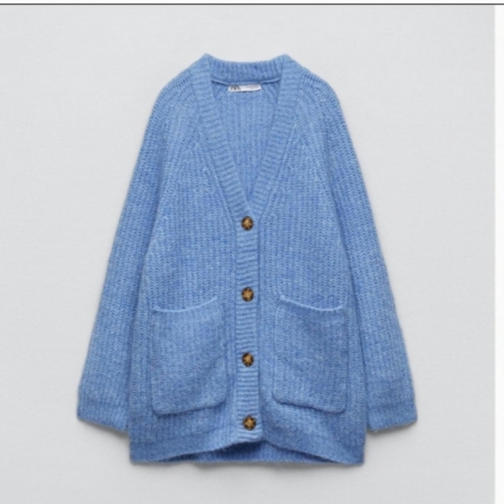 Zara Chunky Blue Knit Cardigan with Button Closure
